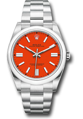 Rolex Stainless Steel Oyster Perpetual no date Watch - 41 MM - Oyster Bracelet - Coral Red Dial - 124300 reio