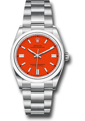 Rolex Stainless Steel Oyster Perpetual no date Watch - 36 MM - Oyster Bracelet - Coral Red Dial - 126000 reio