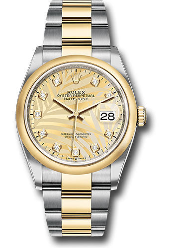 Rolex Stainless Steel And Yellow Gold Datejust - 36 MM - Oyster Bracelet - Domed Bezel - Golden Palm Motif Diamond Dial - 126203 gpmdo