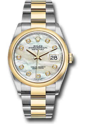 Rolex Stainless Steel And Yellow Gold Datejust - 36 MM - Oyster Bracelet - Domed Bezel - White Mother Of Pearl Diamond Dial - 126203 mdo