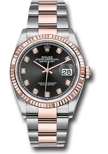 Rolex Stainless Steel And Pink Gold Datejust - 36 MM - Oyster Bracelet - Fluted Bezel - Black Diamond Dial - 126231 bkdo