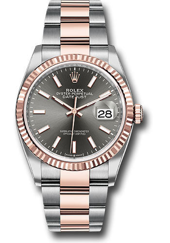 Rolex Stainless Steel And Pink Gold Datejust - 36 MM - Oyster Bracelet - Fluted Bezel - Dark Rhodium Index Dial - 126231 dkrio