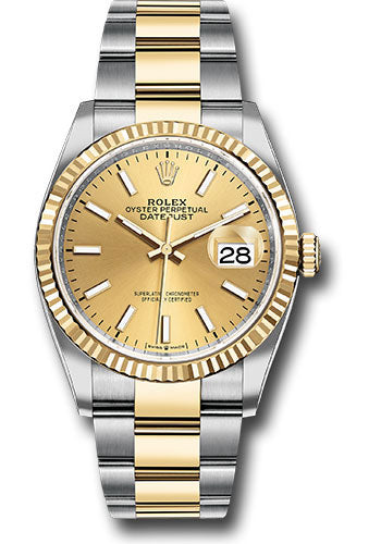 Rolex Stainless Steel And Yellow Gold Datejust - 36 MM - Oyster Bracelet - Fluted Bezel - Champagne Index Dial - 126233 chio