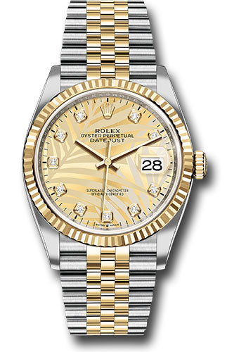 Rolex Stainless Steel And Yellow Gold Datejust - 36 MM - Jubilee Bracelet - Fluted Bezel - Golden Palm Motif Diamond Dial - 126233 gpmdj