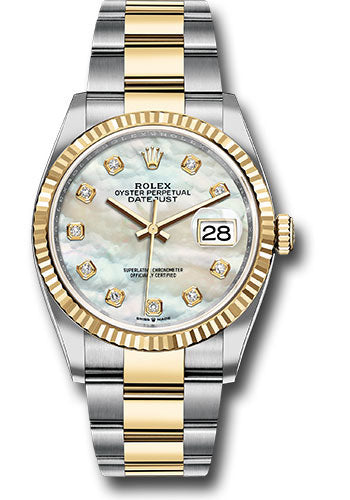 Rolex Stainless Steel And Yellow Gold Datejust - 36 MM - Oyster Bracelet - Fluted Bezel -White Mother-Of-Pearl Diamond Dial  - 126233 mdo