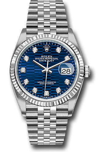 Rolex Stainless Steel And White Gold Datejust - 36 MM - Jubilee Bracelet - Fluted Bezel - Blue Fluted Motif Diamond Dial - 126234 blflmdj