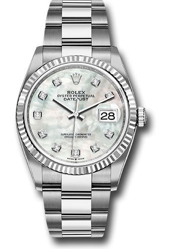 Rolex Stainless Steel And White Gold Datejust - 36 MM - Oyster Bracelet - Fluted Bezel - Mother Of Pearl Diamond Dial - 126234 mdo