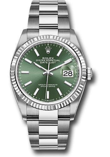 Rolex Stainless Steel And White Gold Datejust - 36 MM - Oyster Bracelet - Fluted Bezel - Mint Green Index Dial - 126234 mgio