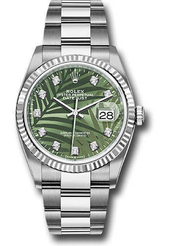 Rolex Stainless Steel And White Gold Datejust - 36 MM - Oyster Bracelet - Fluted Bezel - Olive Green Palm Motif Diamond Dial -  126234 ogpmdo