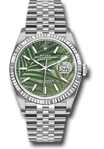 Rolex Stainless Steel And White Gold Datejust - 36 MM - Jubilee Bracelet - Fluted Bezel - Olive Green Palm Motif Dial - 126234 ogpmij