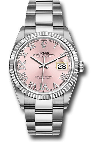 Rolex Stainless Steel And White Gold Datejust - 36 MM - Oyster Bracelet - Fluted Bezel - Pink Diamond Roman Dial - 126234 pdr69o