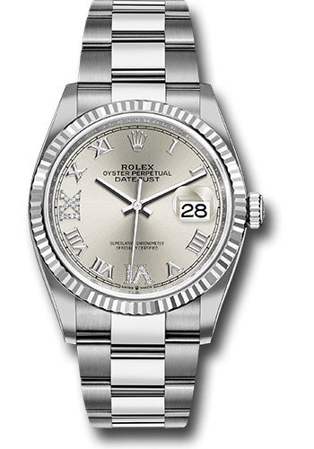 Rolex Stainless Steel And White Gold Datejust - 36 MM - Oyster Bracelet - Fluted Bezel - Silver Diamond Roman Dial - 126234 sdr69o