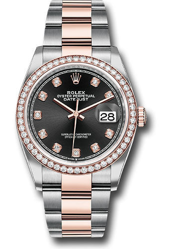 Rolex Stainless Steel And Pink Gold Datejust - 36 MM - Oyster Bracelet - Diamond Bezel - Black Diamond Dial - 126281RBR bkdo