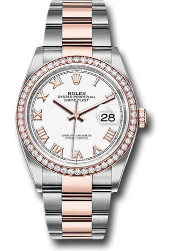 Rolex Stainless Steel And Pink Gold Datejust - 36 MM - Oyster Bracelet - Diamond Bezel - White Roman Dial - 126281RBR wro