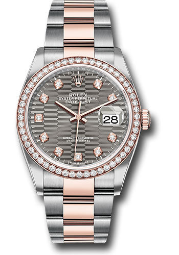 Rolex Stainless Steel And Pink Gold Datejust - 36 MM - Oyster Bracelet - Diamond Bezel - Slate Fluted Motif Diamond Dial - 126281rbr slflmdo