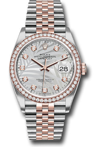 Rolex Stainless Steel And Pink Gold Datejust - 36 MM - Jubilee Bracelet - Diamond Bezel - Silver Palm Motif Diamond Dial - 126281rbr spmdj