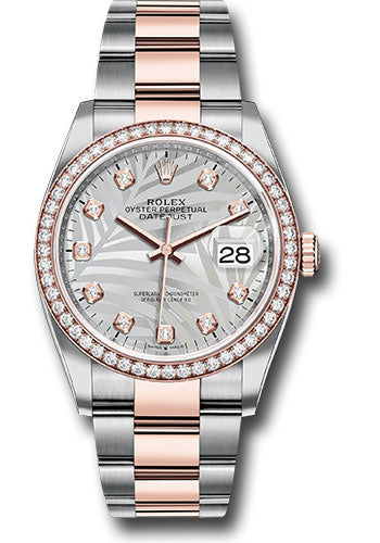 Rolex Stainless Steel And Pink Gold Datejust - 36 MM - Oyster Bracelet - Diamond Bezel - Silver Palm Motif Diamond Dial - 126281rbr spmdo