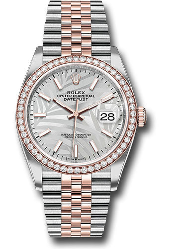 Rolex Stainless Steel And Pink Gold Datejust - 36 MM - Jubilee Bracelet - Diamond Bezel - Silver Palm Motif Index Dial - 126281rbr spmij