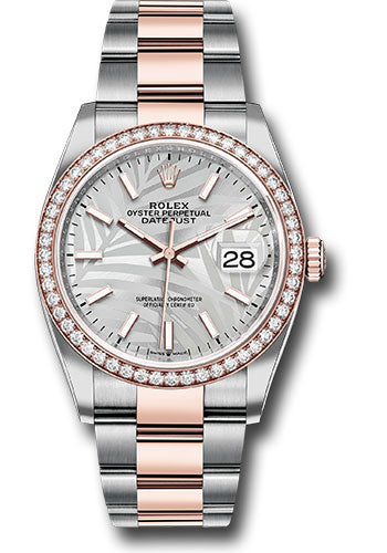 Rolex Stainless Steel And Pink Gold Datejust - 36 MM - Oyster Bracelet - Diamond Bezel - Silver Palm Motif Index Dial - 126281rbr spmio