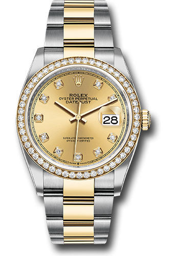 Rolex Stainless Steel And Yellow Gold Datejust - 36 MM - Oyster Bracelet - Diamond Bezel - Champagne Diamond Dial - 126283RBR chdo