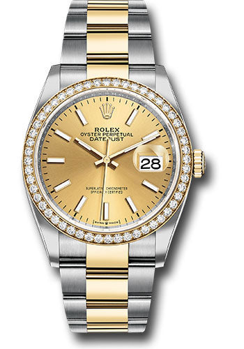 Rolex Stainless Steel And Yellow Gold Datejust - 36 MM - Oyster Bracelet - Diamond Bezel - Champagne Index Dial - 126283RBR chio