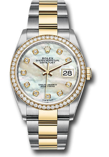 Rolex Stainless Steel And Yellow Gold Datejust - 36 MM - Oyster Bracelet - Diamond Bezel - White Mother of Pearl Diamond Dial - 126283RBR mdo