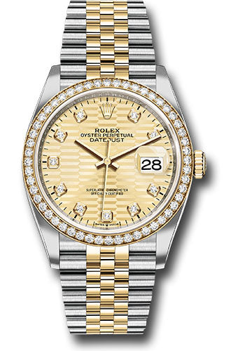 Rolex Stainless Steel And Yellow Gold Datejust - 36 MM - Jubilee Bracelet - Diamond Bezel - Golden Fluted Motif Diamond Dial - 126283rbr gflmdj