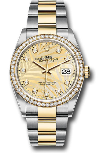 Rolex Stainless Steel And Yellow Gold Datejust - 36 MM - Oyster Bracelet - Diamond Bezel - Golden Palm Motif Diamond Dial - 126283rbr gpmdo