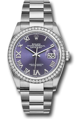 Rolex Stainless Steel And White Gold Datejust - 36 MM - Oyster Bracelet - Diamond Bezel - Purple Roman Diamond Dial - 126284RBR audr69o