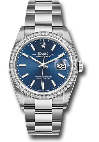 Rolex Stainless Steel And White Gold Datejust - 36 MM - Oyster Bracelet - Diamond Bezel - Blue Index Dial - 126284RBR blio