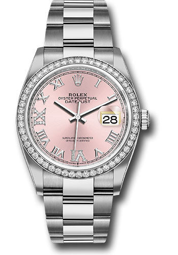 Rolex Stainless Steel And White Gold Datejust - 36 MM - Oyster Bracelet - Diamond Bezel - Pink Diamond Roman Dial - 126284RBR pdr69o