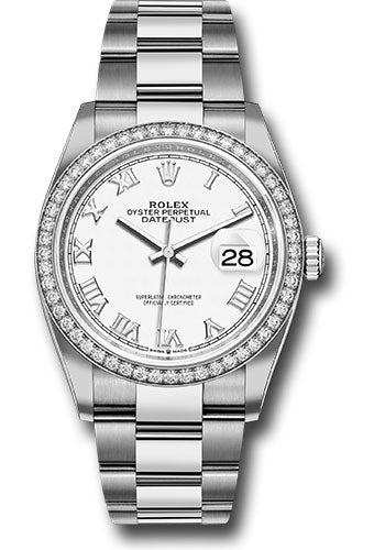 Rolex Stainless Steel And White Gold Datejust - 36 MM - Oyster Bracelet - Diamond Bezel - White Roman Dial - 126284RBR wro