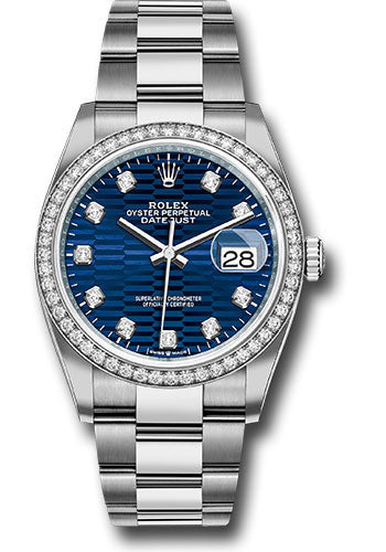 Rolex Stainless Steel And White Gold Datejust - 36 MM - Oyster Bracelet - Diamond Bezel - Blue Fluted Motif Diamond Dial - 126284rbr blflmdo