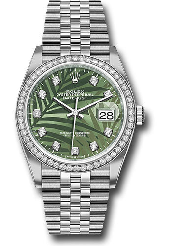 Rolex Stainless Steel And White Gold Datejust - 36 MM - Jubilee Bracelet - Diamond Bezel - Olive Green Palm Motif Diamond - 126284rbr ogpmdj