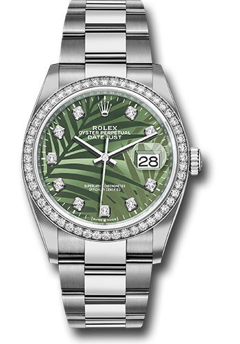 Rolex Stainless Steel And White Gold Datejust - 36 MM - Oyster Bracelet - Diamond Bezel - Olive Green Palm Diamond Dial - 126284rbr ogpmdo