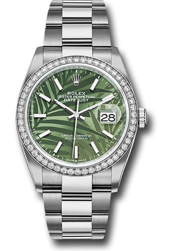 Rolex Stainless Steel And White Gold Datejust - 36 MM - Oyster Bracelet - Diamond Bezel - Olive Green Palm Motif Index Dial - 126284rbr ogpmio