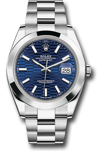 Rolex Stainless Steel Datejust 41 Date Watch - 41 MM - Oyster Bracelet - Smooth Bezel - Blue Fluted Dial - 126300 blflmio