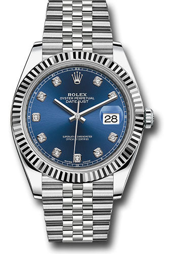 Rolex Stainless Steel and White Gold Datejust 41 Date Watch - 41 MM - Jubilee Bracelet - Fluted Bezel - Blue Diamond Dial - 126334 bldj