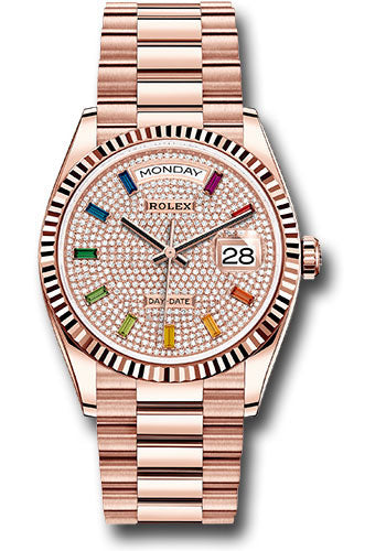 Rolex Presidential Everose Gold Day-Date - 36MM - Rose Gold - Fluted Bezel - Diamond-Paved Rainbow Sapphire Dial - 128235 dprsp