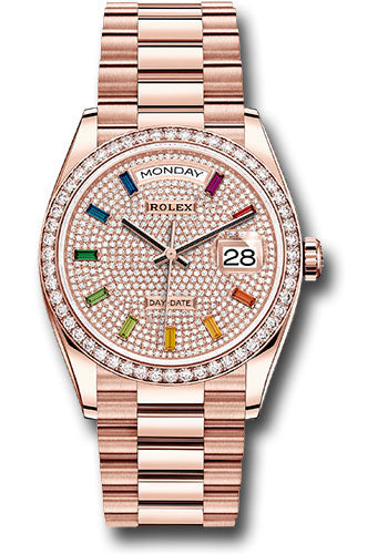 Rolex Presidential Everose Gold Day-Date 36MM - Rose Gold - Diamond Bezel - Diamond-Paved Rainbow Sapphire Dial - 128345RBR dprsp