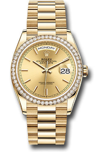 Rolex Presidential Yellow Gold Day-Date 36MM - President Bracelet Watch - Champagne Index Dial - 128348RBR chip