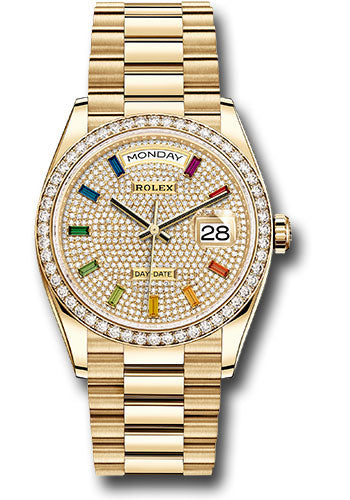 Rolex Presidential Yellow Gold Day-Date 36MM - President Bracelet Watch - Diamond-Paved Rainbow Sapphire Dial - 128348RBR dprsp