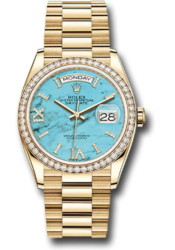 Rolex Day-Date - 36MM - Yellow Gold - Diamond Bezel - Turquoise Diamond Dial - 128348RBR tdidrp