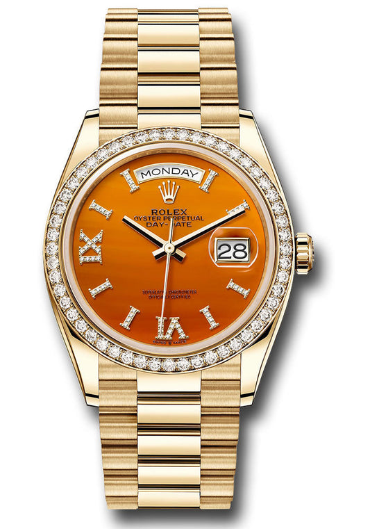 Rolex Yellow Gold Day-Date Watch - 36 MM - President Bracelet - Diamond Bezel - Carnelian Diamond Index Roman 9 Dial - 128348rbr cardidrp