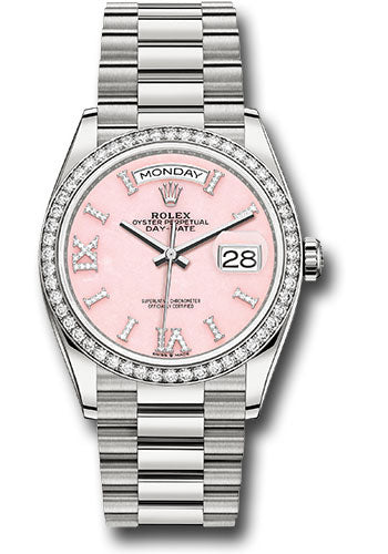 Rolex Presidential White Gold Day-Date 36MM - President Bracelet Watch - Pink Opal Diamond Hour Marker Dial - 128349RBR podhmp