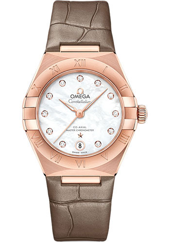 Omega Constellation Rose Gold 29 MM - Beige Leather Strap - Pearled Mother-Of-Pearl Diamond Dial - 131.53.29.20.55.002