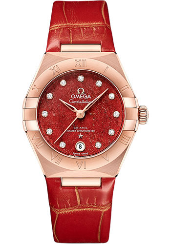 Omega Constellation Rose Gold 29 MM - Red Leather Strap - Red Diamond Dial - 131.53.29.20.99.003