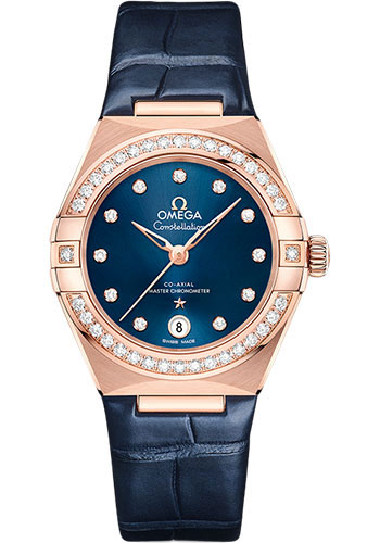 Omega Constellation Rose Gold 29 MM - Blue Leather Strap - Diamond Bezel - Blue Diamond Dial - 131.58.29.20.53.002