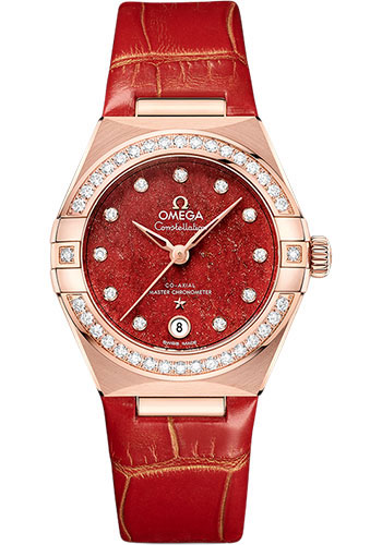 Omega Constellation Rose Gold 29 MM - Red Leather Strap - Diamond Bezel - Red Diamond Dial - 131.58.29.20.99.005