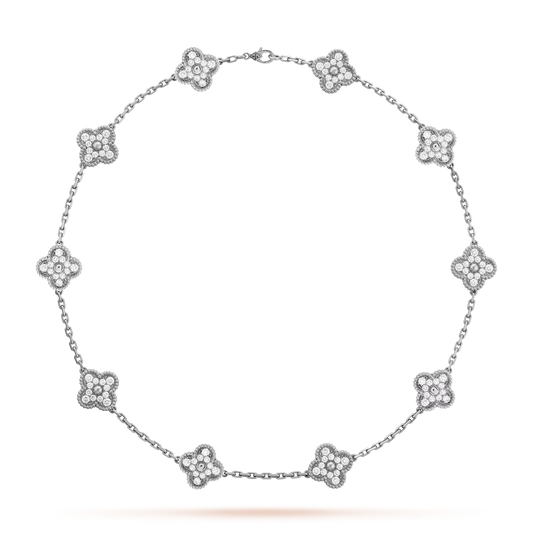 Van Cleef & Arpels Vintage Alhambra Necklace - 18k White Gold - Diamond - 10 Motifs - Tw. 4ct - VCARA42400